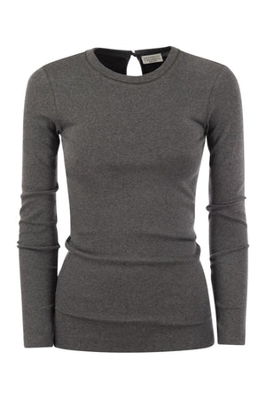 Ribbed Stretch Cotton T-Shirt with Embellished Collar