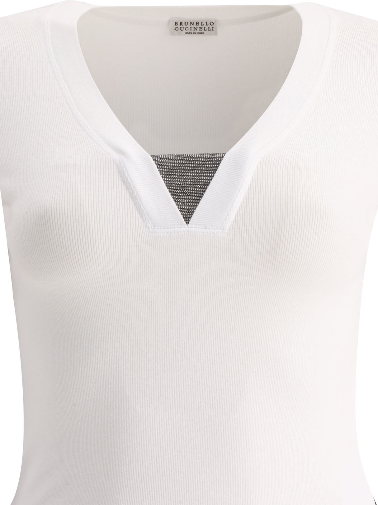 BRUNELLO CUCINELLI Elegant White V-Neck T-Shirt with Nickel-Free Monili Decoration and Regular Fit for Women