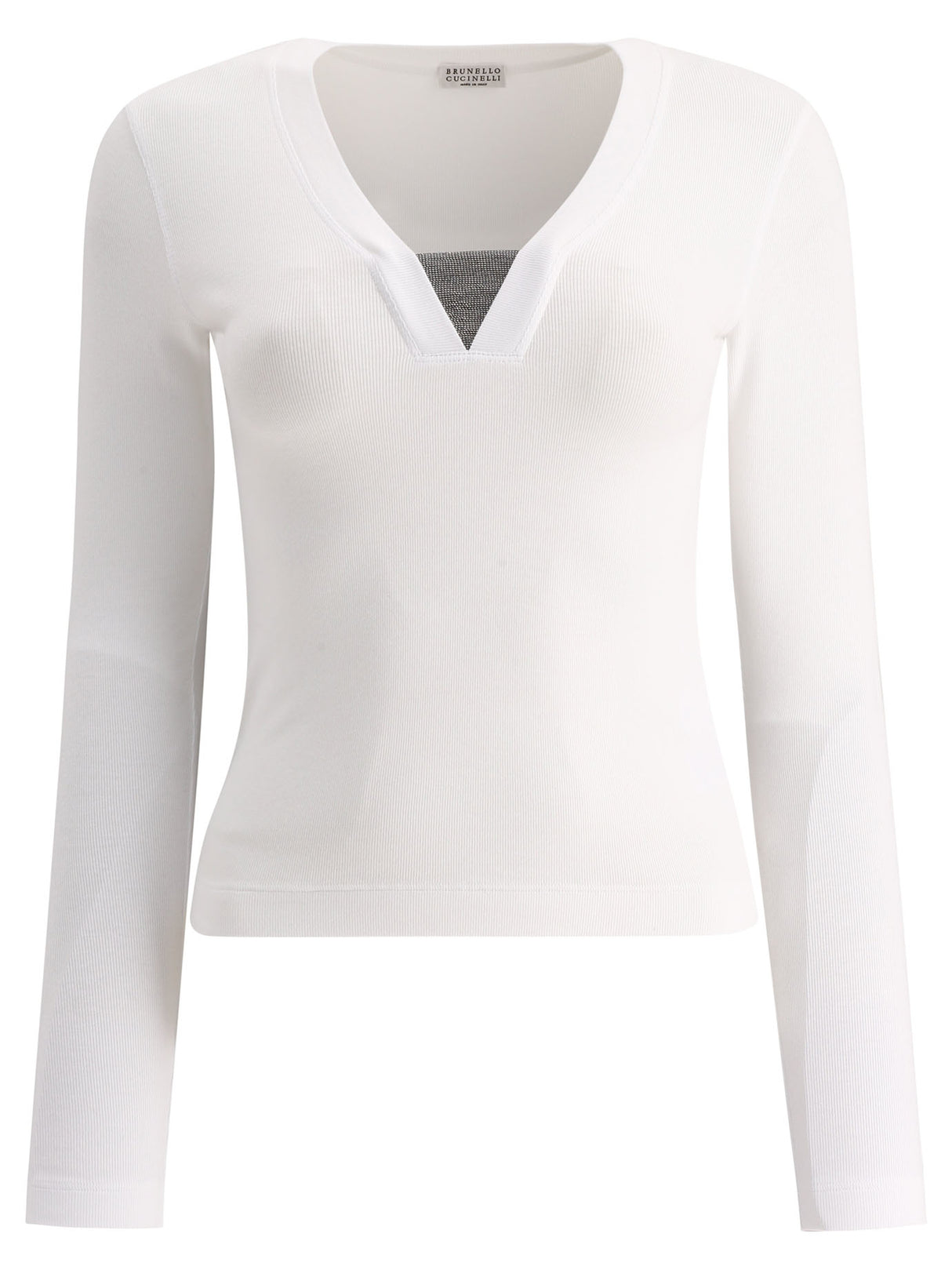 قميص أبيض أنيق برقبة V وتزيين من ألمنيلي خالٍ من النيكل ومقاس نظامي للنساء