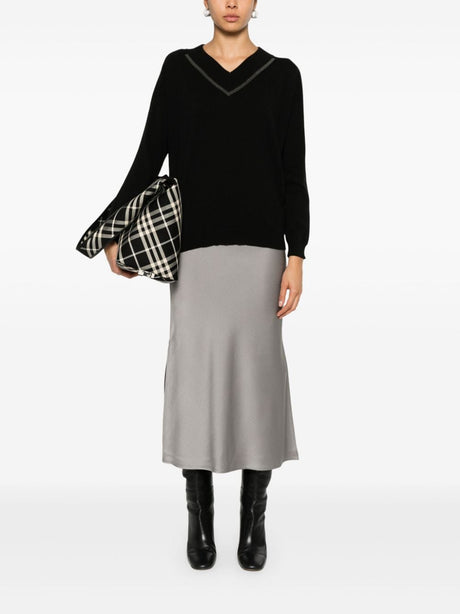 BRUNELLO CUCINELLI Elegant Black Cashmere V-Neck Sweater with Monili Detail