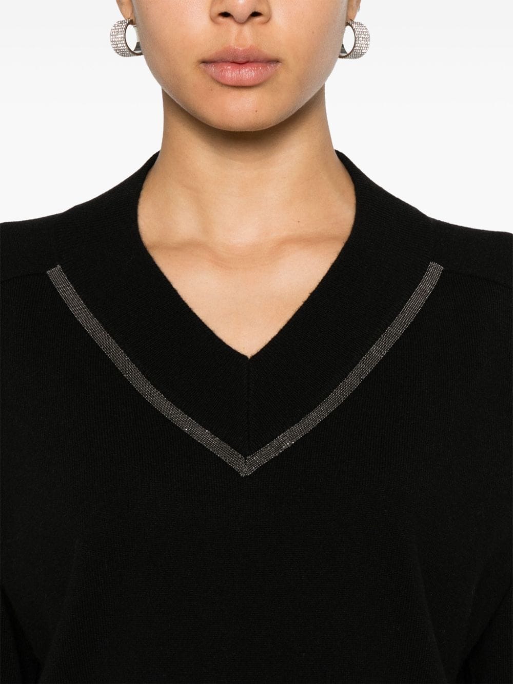 BRUNELLO CUCINELLI Elegant Black Cashmere V-Neck Sweater with Monili Detail