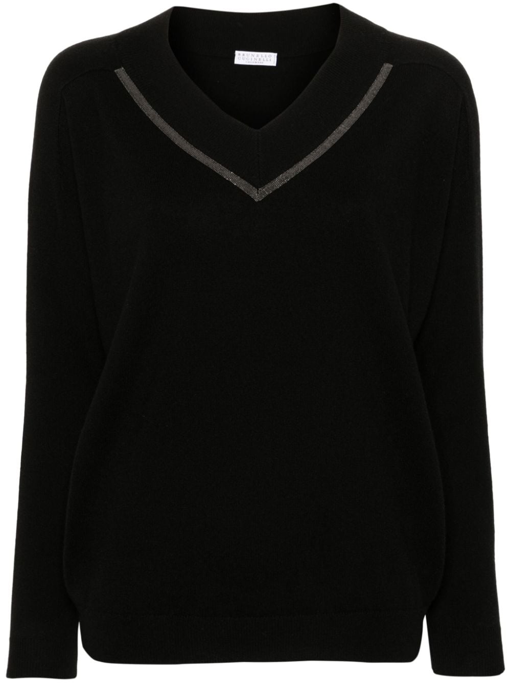 BRUNELLO CUCINELLI Elegant Black Cashmere V-Neck Sweater with Monili Detail