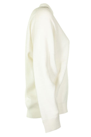 BRUNELLO CUCINELLI White Cashmere V-Neck Sweater with Monili Embellishments