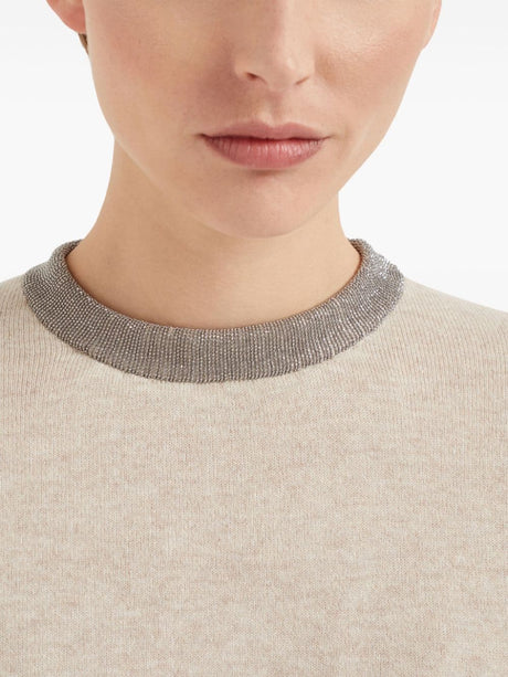 BRUNELLO CUCINELLI Elegant Cashmere Crewneck Sweater with Monili Detail