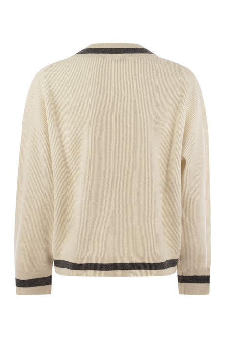 BRUNELLO CUCINELLI Luxurious Cashmere V-Neck Sweater in White and Grey