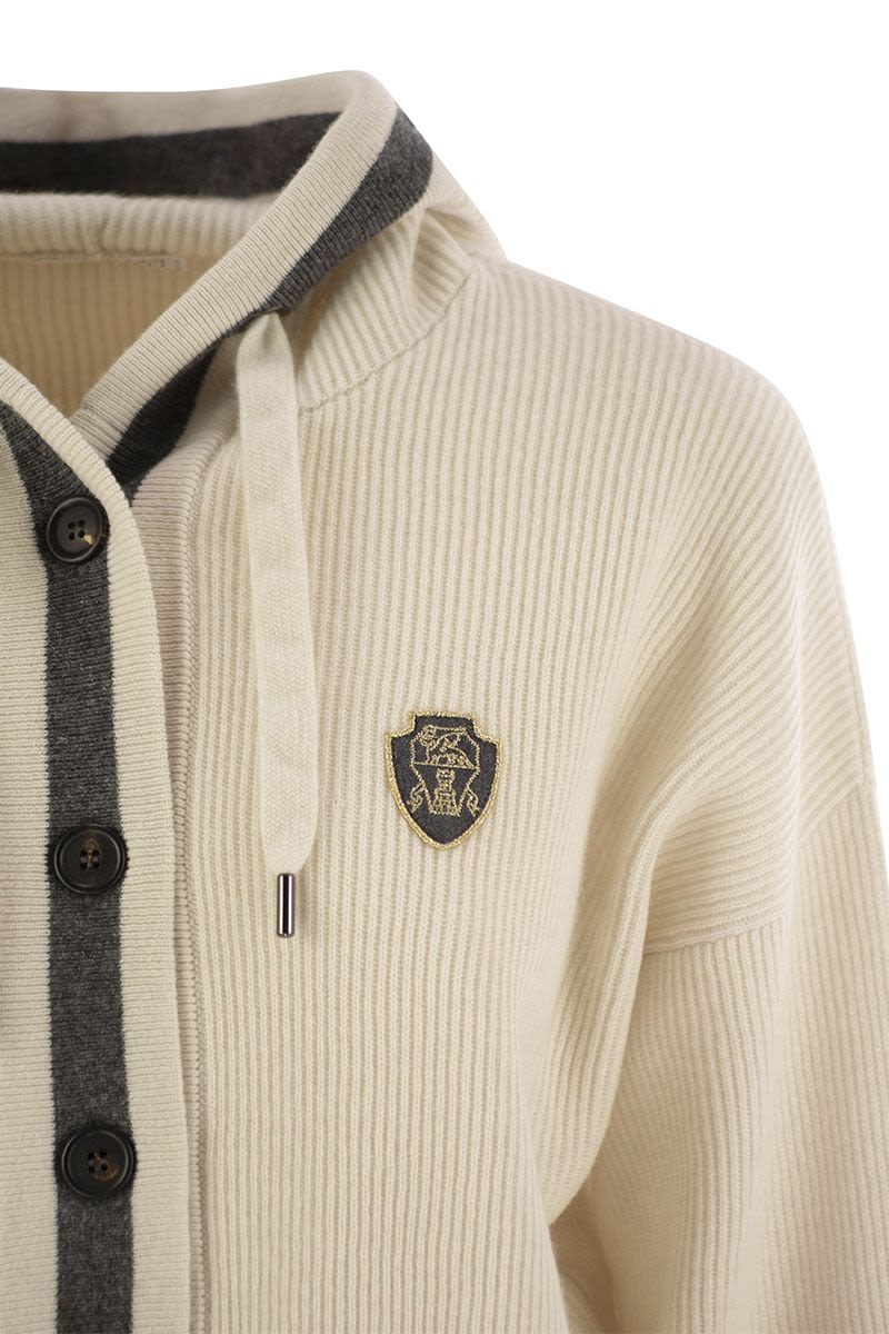 BRUNELLO CUCINELLI Luxury Cashmere Hooded Cardigan with Embroidered Crest