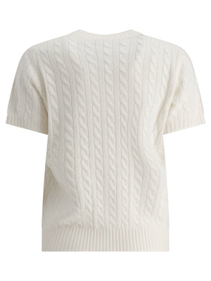 BRUNELLO CUCINELLI CASHMERE CABLE KNIT SHORT SLEEVE SWEATER