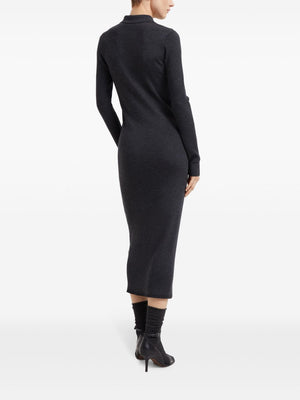 BRUNELLO CUCINELLI Elegant Cashmere-Wool Ribbed Midi Dress with Monili Charm