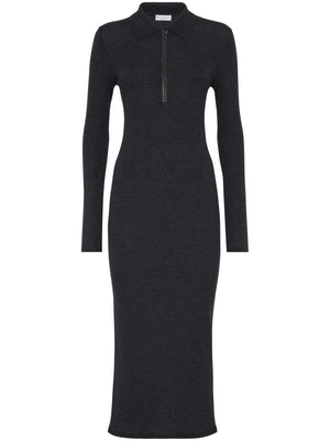 BRUNELLO CUCINELLI Elegant Cashmere-Wool Ribbed Midi Dress with Monili Charm