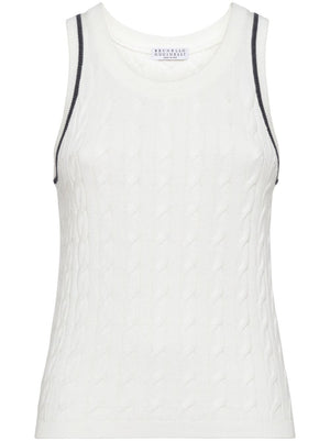 BRUNELLO CUCINELLI White Cotton Sleeveless Sweater with Cable Knit and Contrasting Trim