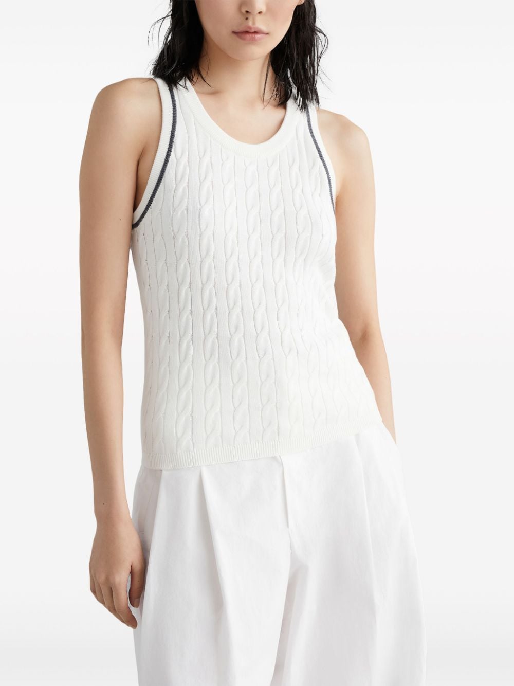 BRUNELLO CUCINELLI White Cotton Sleeveless Sweater with Cable Knit and Contrasting Trim