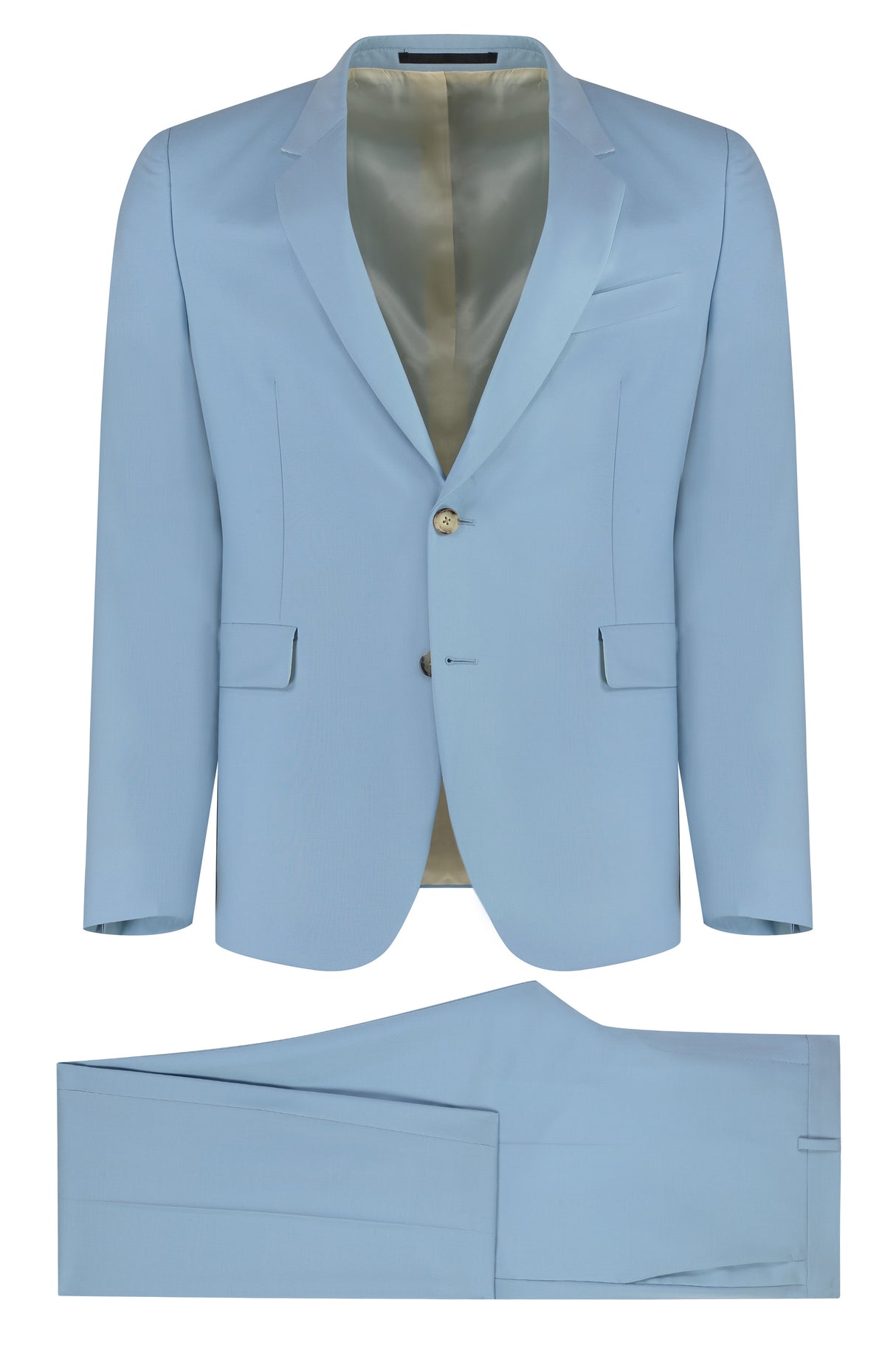 男士淺藍莫西和羊毛兩件套西裝，適合SS23