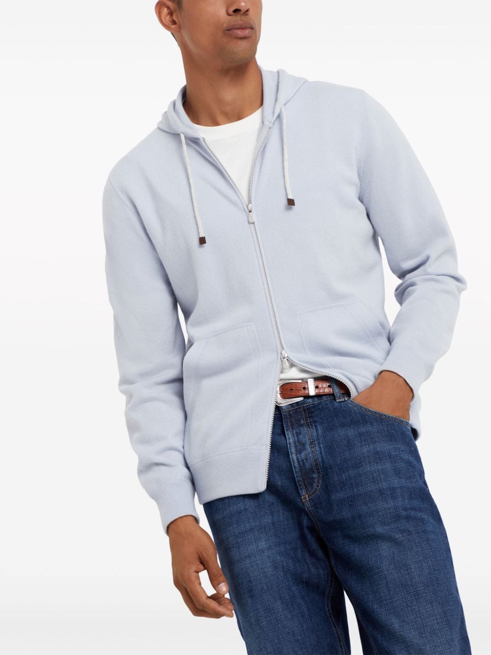Áo khoác len dạ cừu dạng hoodie màu xanh nam