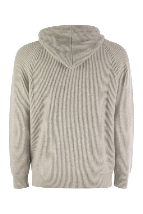 BRUNELLO CUCINELLI Luxury Cashmere Hooded Sweater with English Rib Knit
