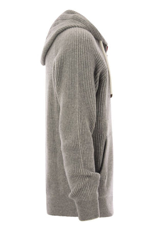 BRUNELLO CUCINELLI Men's Ribbed Cashmere Hoodie with Embroidered Logo and Zip Fastening