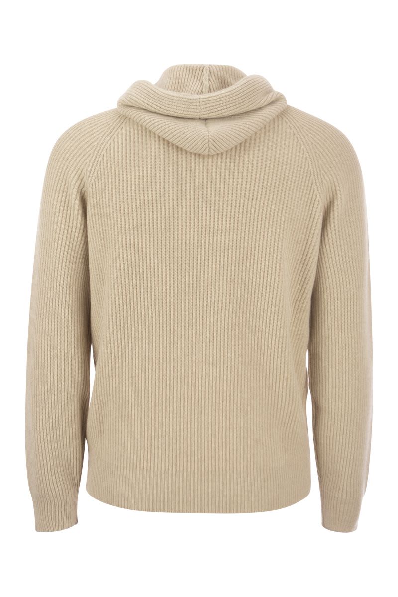 BRUNELLO CUCINELLI Men's Sand Cashmere Sweatshirt with Hood, Raglan Sleeves, and English Rib Knit