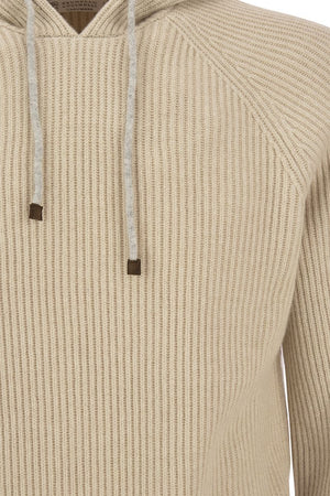 BRUNELLO CUCINELLI Men's Sand Cashmere Sweatshirt with Hood, Raglan Sleeves, and English Rib Knit