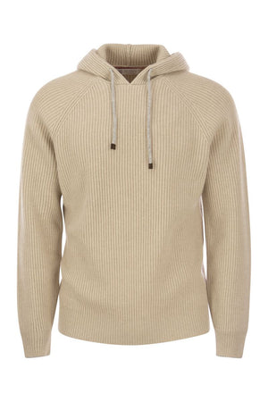 BRUNELLO CUCINELLI Men's Sand Cashmere Sweatshirt with Hood, Raglan Sleeves, and English Rib Knit