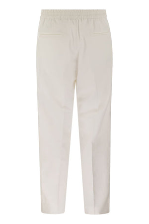 BRUNELLO CUCINELLI Men's White Cotton Gabardine Drawstring Trousers with Double Darts