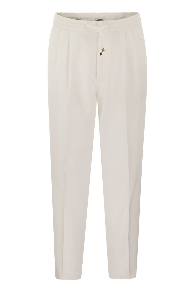 BRUNELLO CUCINELLI Men's White Cotton Gabardine Drawstring Trousers with Double Darts