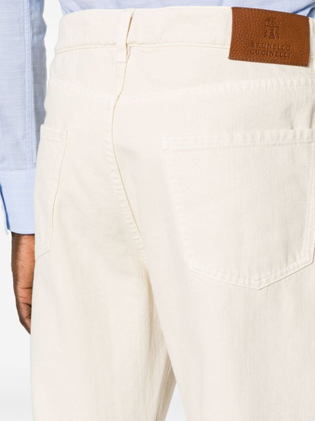 BRUNELLO CUCINELLI Men's Ivory White Cotton Leisure Trousers with Embroidered Logo and Straight Leg