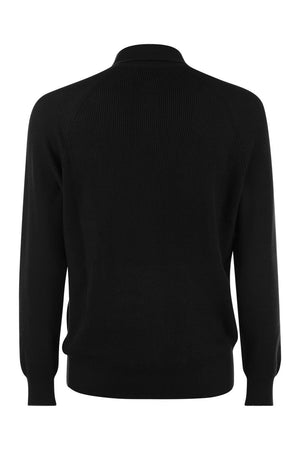 BRUNELLO CUCINELLI Classic Cotton Rib Knit Polo with Long Raglan Sleeves