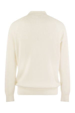 BRUNELLO CUCINELLI Classic Cotton Rib Knit Polo with Long Raglan Sleeves