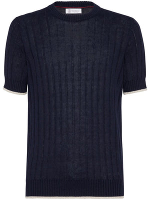 BRUNELLO CUCINELLI Men's Navy Blue Linen-Cotton Blend Ribbed Knit Short Sleeves Sweater