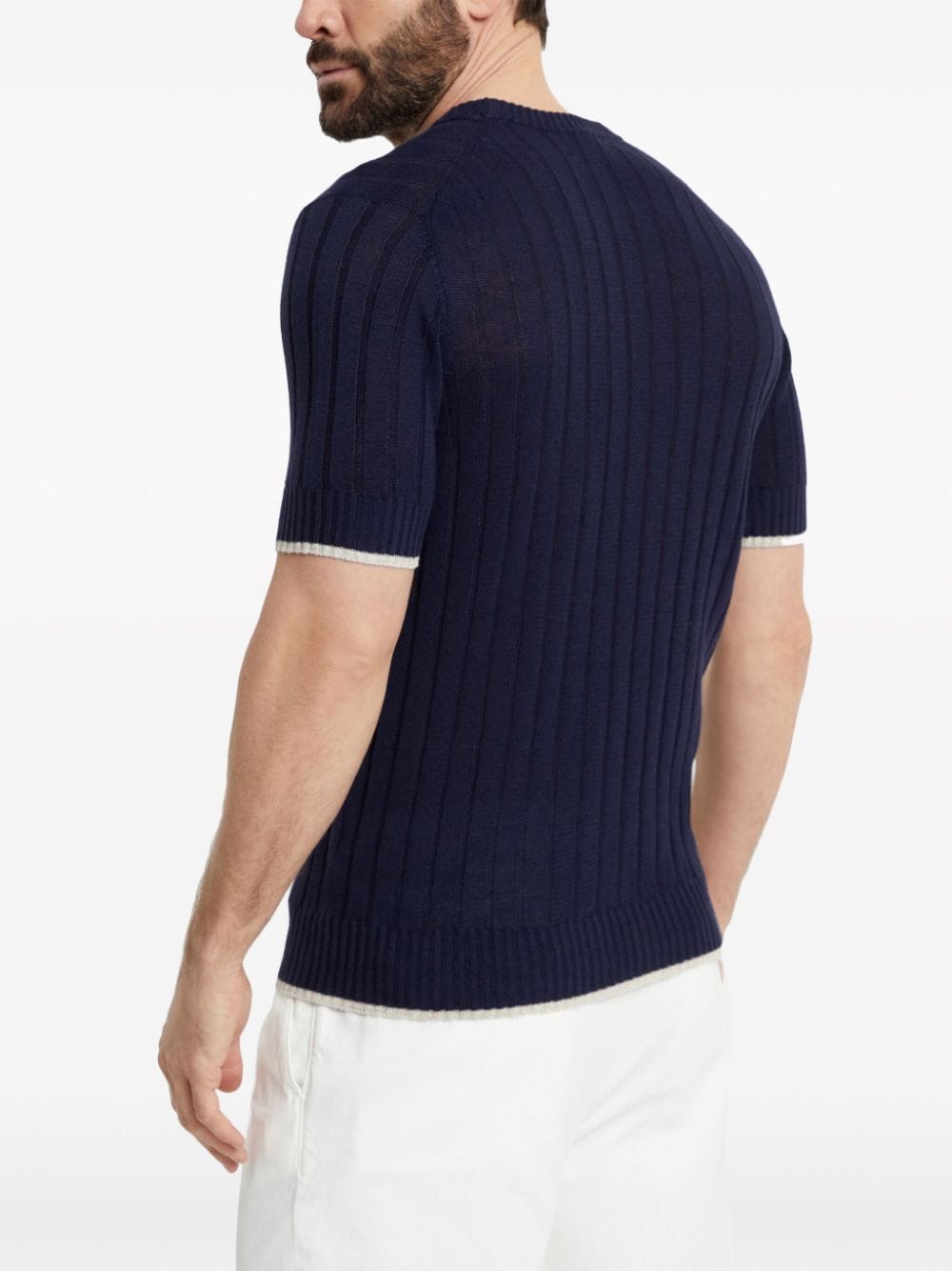 BRUNELLO CUCINELLI Men's Navy Blue Linen-Cotton Blend Ribbed Knit Short Sleeves Sweater