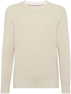 BRUNELLO CUCINELLI Men's Beige Cotton Pullover with English Ribbed Pattern - SS24