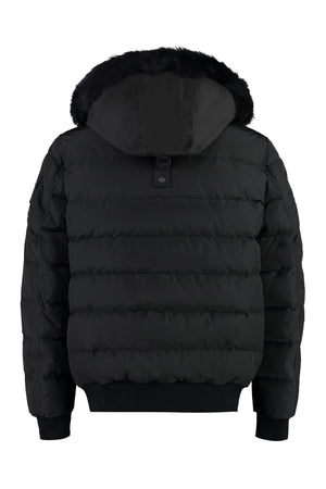 MOOSE KNUCKLES Men's Black Nylon Bomber Jacket with Removable Fur Hood and Ribbed Knit Details