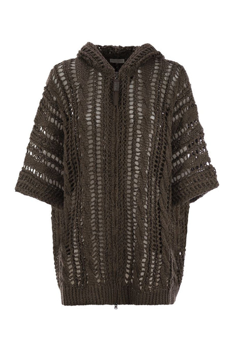 BRUNELLO CUCINELLI Cable & Mesh Jute and Cotton Cardigan with Hood and Shiny Zipper Pull