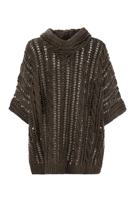 BRUNELLO CUCINELLI Cable & Mesh Jute and Cotton Cardigan with Hood and Shiny Zipper Pull