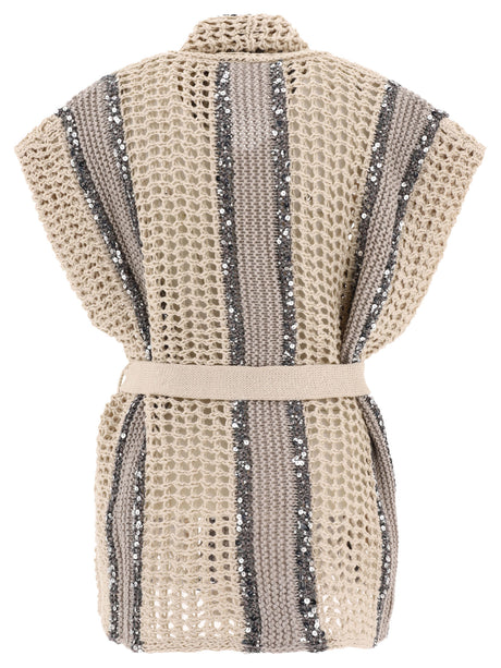 米色流光修飾羊毛衫-普通版型、V領、腰帶束腰