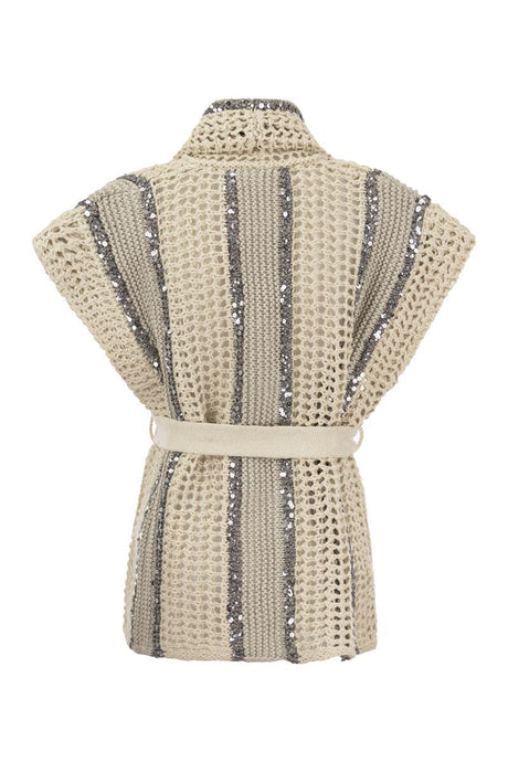 BRUNELLO CUCINELLI Neutral Striped Short Sleeve Cardigan with Embroidered Sequins