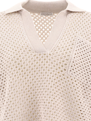 BRUNELLO CUCINELLI Relaxed Fit Open-Knit Polo Shirt for Women - V-Neckline, Ribbed Details, Tan Color - SS24