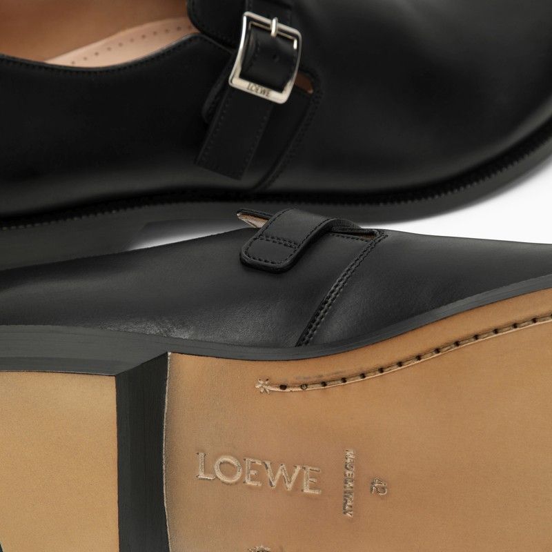 LOEWE Black Leather Derby Dress Shoes with Buckle for Men