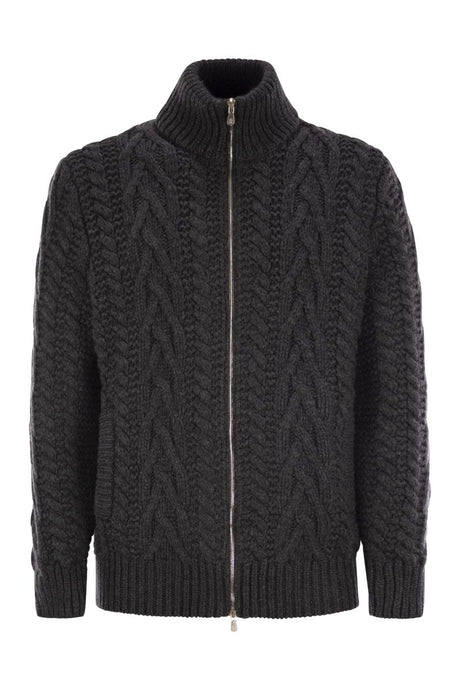 BRUNELLO CUCINELLI Men's Soft Wool and Cashmere Braided Buttoned Cardigan with Zip