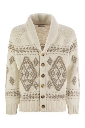 BRUNELLO CUCINELLI Geometric Jacquard Cashmere Cardigan with Scarf Collar