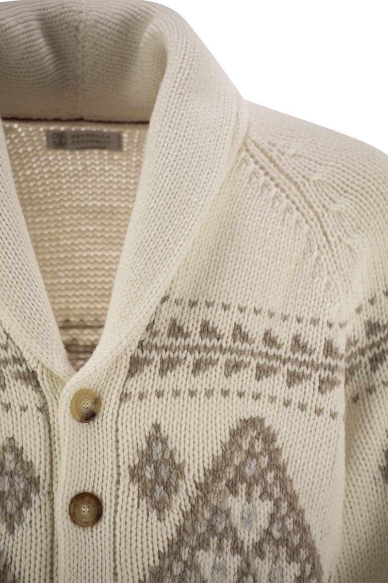 BRUNELLO CUCINELLI Geometric Jacquard Cashmere Cardigan with Scarf Collar