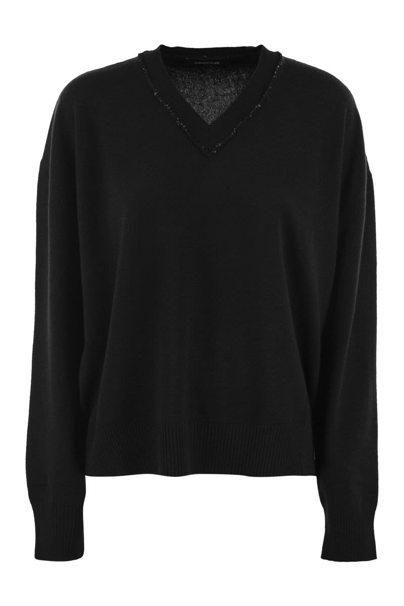 FABIANA FILIPPI Platinum Sequin Trim V-Neck Sweater