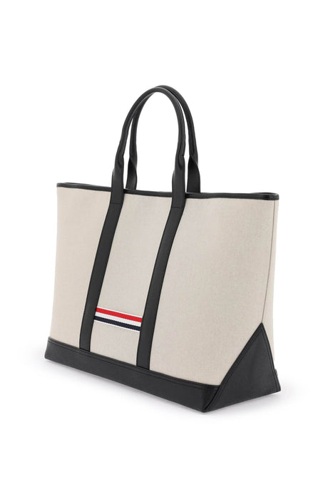 THOM BROWNE Multicolor Cotton Canvas and Leather Tote Bag with Tricolor Stripes and Gold Accents
