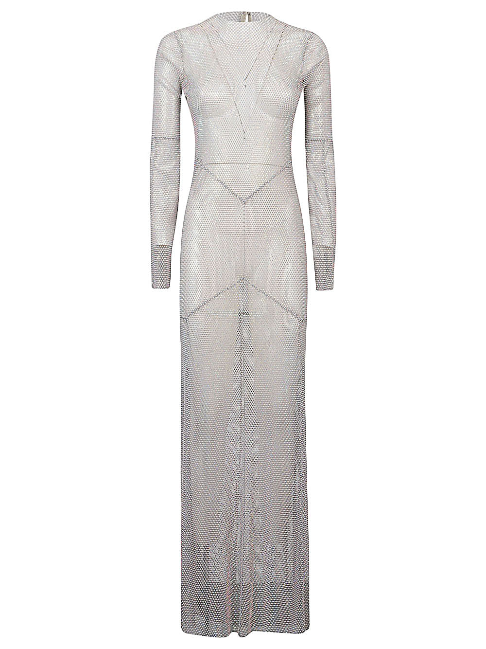 女款FW23长款银色晚礼服，镶有钻石细节