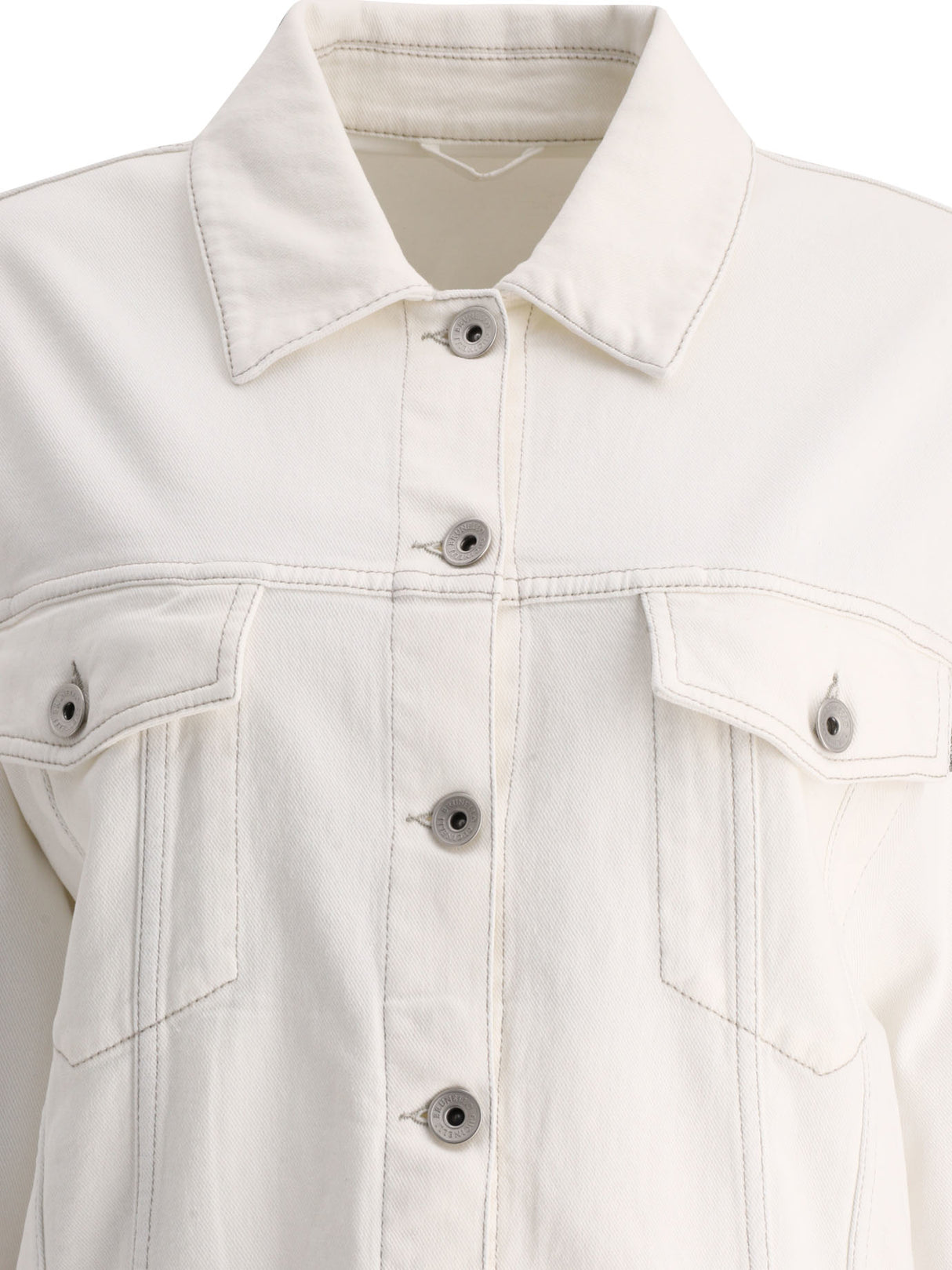 BRUNELLO CUCINELLI White Stretch-Cotton Denim Jacket with Signature Monili Chain Detail for Women - SS24