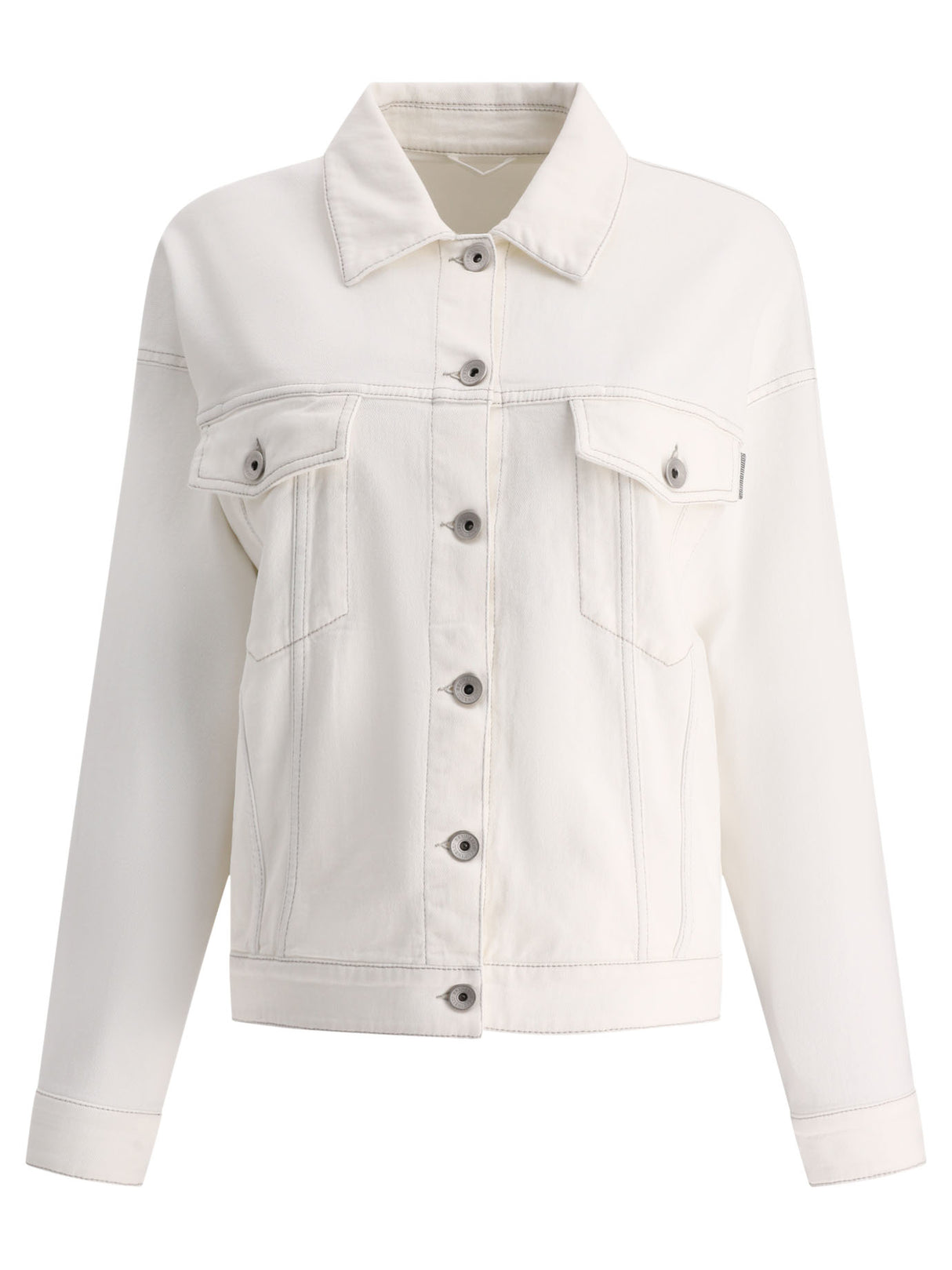 BRUNELLO CUCINELLI White Stretch-Cotton Denim Jacket with Signature Monili Chain Detail for Women - SS24