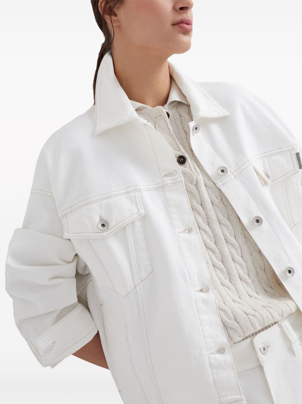 BRUNELLO CUCINELLI White Stretch-Cotton Denim Jacket with Signature Monili Chain Detail for Women - SS24