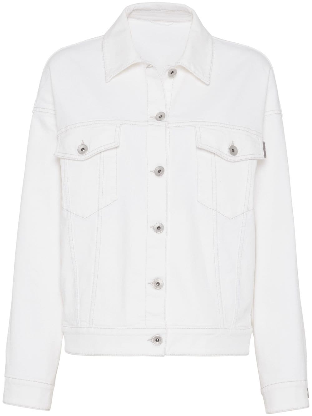 BRUNELLO CUCINELLI White Stretch-Cotton Denim Jacket with Signature Monili Chain Detail for Women - SS24