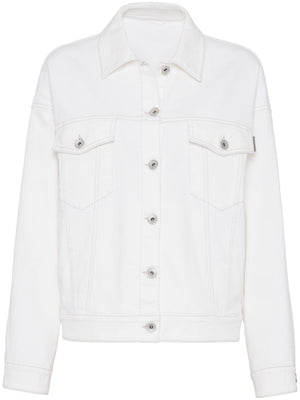 BRUNELLO CUCINELLI White Stretch-Cotton Denim Jacket with Signature Monili Chain Detail for Women - SS24