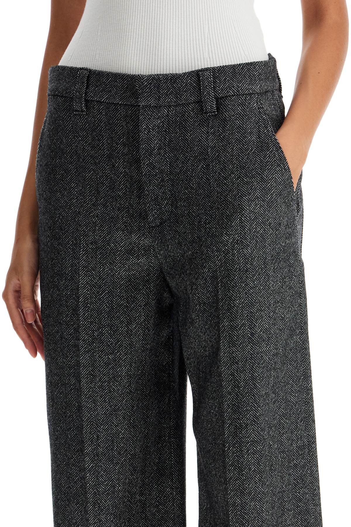 BRUNELLO CUCINELLI Stretch Wool Herringbone Trousers with Wide Straight Leg - Size 38