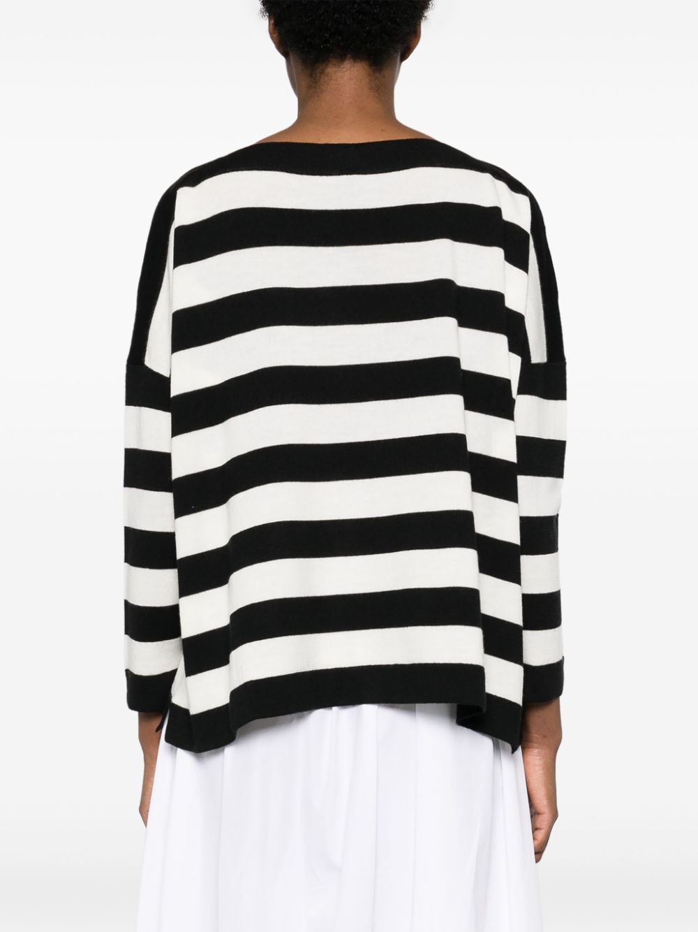 Black Striped Wool Boatneck Sweater for Women